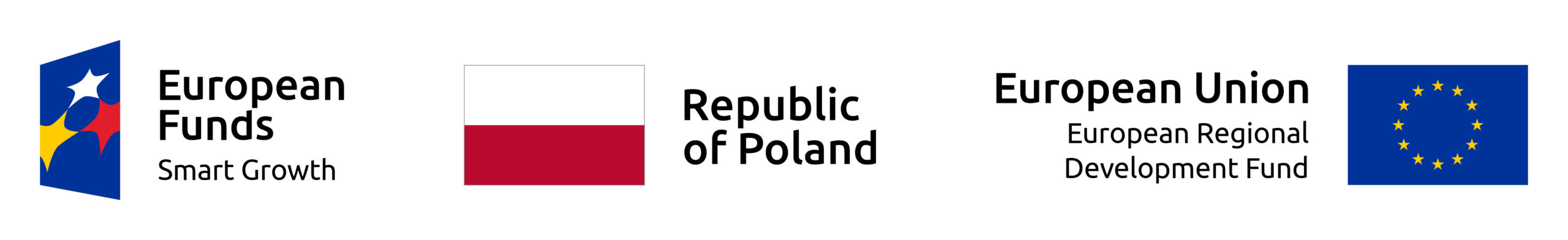 EU flag, flag of Republic of Poland, European Fund logo next to each other on a white background